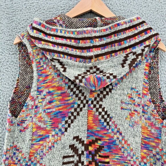 Entro Sweater Womens Medium Ivory Multi Cardigan Sleeveless Hooded Fringe Aztec - Picture 5 of 10